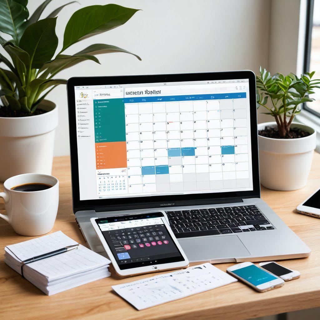 A vibrant, modern workspace with multiple web-based tools open on different screens; a MacBook showing a project management tool, a tablet with a graphic design app, and a smartphone displaying a calendar app. Include a coffee cup and a plant on the desk for a lively yet efficient atmosphere. vibrant colors. modern style. high-detail.