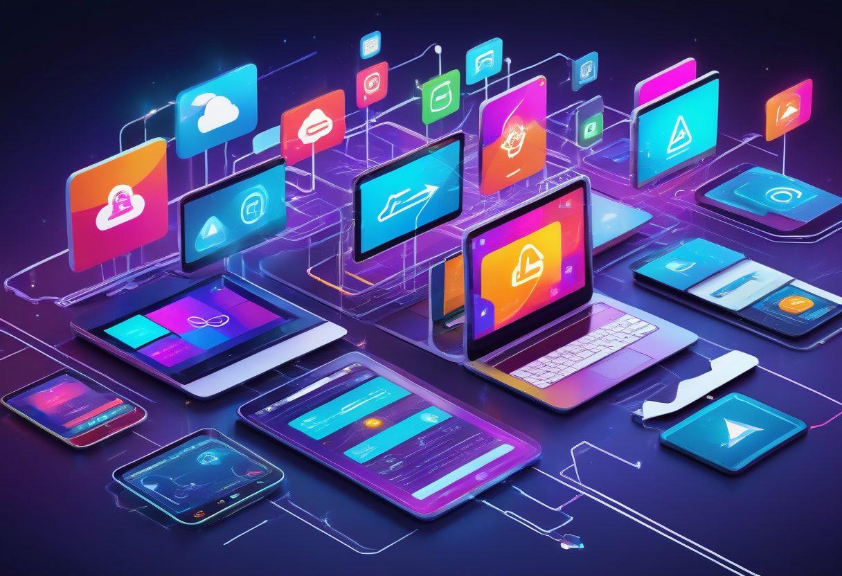A diverse range of colorful digital devices and applications seamlessly intertwining, highlighting productivity and efficiency. Arrows and lines connecting various apps signify smooth workflow integration. Icons of popular services like cloud storage, project management, and collaboration tools prominently featured. futuristic. vibrant colors. 3D elements.