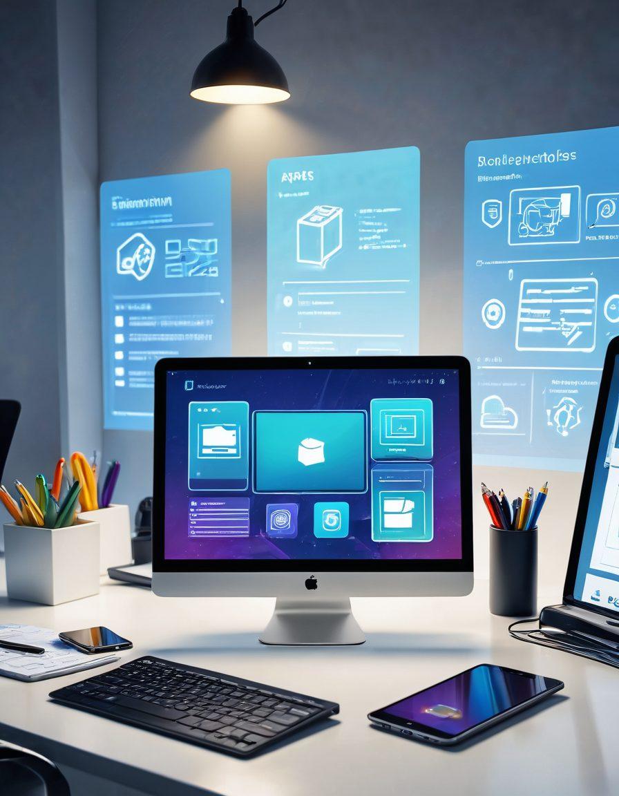 A dynamic workspace with modern digital tools like a sleek laptop displaying a web development interface, a tablet with design apps, and smartphone showcasing productivity tools. Background features an organized and high-tech office with elements symbolizing efficiency and innovation. Add subtle icons of essential web tools floating around. super-realistic. vibrant colors. modern tech feel.